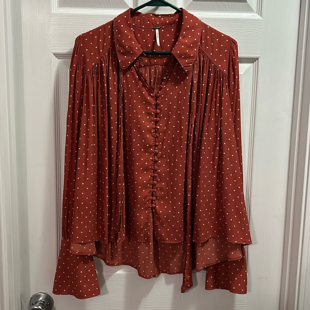 Free People polka dot flare button down top